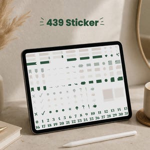 Könnte beinhalten: Ein digitales Tablet mit einer Sammlung von Planer-Aufklebern in Dunkelgrün, Beige und Weiß. Der Bildschirm zeigt verschiedene Formen wie Flaggen, Kreise, Pfeile, Symbole und die Zahlen von 0 bis 31. Der Text 439 Sticker ist zu sehen.