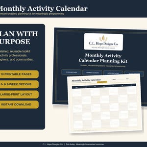 Könnte beinhalten: Ein monatliches Aktivitätskalender-Planungsset mit undatierten Vorlagen. Das dunkelblaue und cremefarbene Design enthält Text wie Plan With Purpose, 10 Printable Pages, 5- & 6-Week Options, Large-Print Layout und Instant Download für Fachkräfte.
