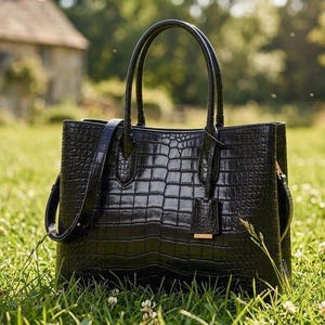 Black Croc Embossed Leather Tote Bag Structured Handbag with Handles Vegan Leather Shoulder Bag Women's Work Bag Gift