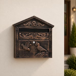 May include: A wall-mounted mailbox with a dark bronze finish and a gabled roof. The front features embossed bird motifs, decorative scrollwork, a horizontal mail slot, and a central locking mechanism with a keyhole for secure mail storage.