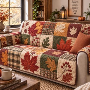 Fall Quilted Sofa Cover, Autumn Maple Leaf Couch Protector, Patchwork Sofa Slipcover, Rustic Farmhouse Thanksgiving Home Decor