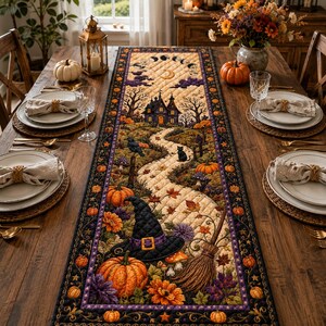 May include: A rectangular quilted table runner featuring a Halloween-themed scene with a haunted house, a winding path, a black witch hat, a broomstick, pumpkins, and a moon phase border on a dark background with orange and purple accents.