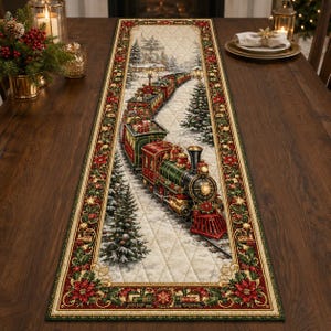 Quilted Christmas Train Table Runner, Vintage Farmhouse Holiday Decor