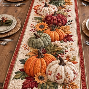 Puede incluir: Un camino de mesa acolchado rectangular con un diseño central de calabazas de tela en naranja, verde, blanco y rojo oscuro, acentuado con girasoles y hojas de otoño. El camino tiene un fondo crema con costuras en espiral y un borde rojo.