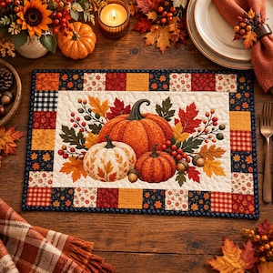 Fall Pumpkin Quilted Placemat, Autumn Harvest Table Mat, Thanksgiving Placemat, Patchwork Pumpkin Decor,Rustic Farmhouse Kitchen Table Decor