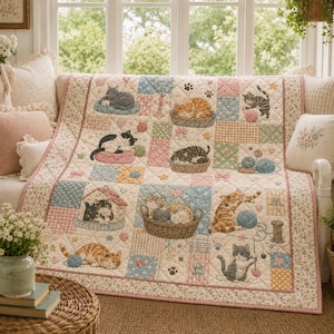 May include: A quilted throw blanket featuring a patchwork design with various pastel-colored squares. The quilt displays multiple illustrations of cats in baskets, playing with yarn, and resting, accented by small paw prints and floral patterns.
