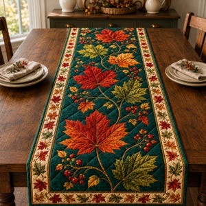 May include: A quilted table runner featuring a deep teal background with a pattern of vibrant orange, red, and green maple leaves and clusters of small red berries. The runner has a cream-colored border decorated with a repeating leaf motif.