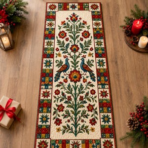 Könnte beinhalten: Ein rechteckiger, gesteppter Tischläufer mit einem cremefarbenen Mittelteil, das ein symmetrisches Blumenbaum-Design und zwei blaue Vögel zeigt. Der Rand besteht aus einem wiederkehrenden Patchwork-Muster aus roten, grünen, gelben und blauen Sternen.