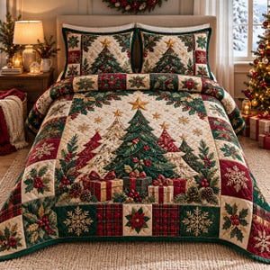 May include: A quilted bedspread and two matching pillow shams featuring a festive Christmas theme. The design displays central evergreen trees, wrapped gift boxes, holly leaves, red berries, and white snowflakes on a cream-colored background.