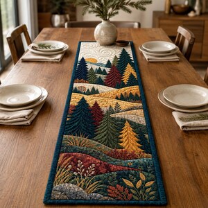 May include: A rectangular quilted table runner featuring a landscape scene with evergreen trees in shades of dark blue, green, red, and yellow. The design includes rolling hills, textured ground, and a sun, all bordered by a solid dark blue fabric trim.