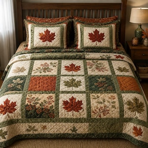 Könnte beinhalten: Eine Patchwork-Tagesdecke und zwei passende Kissenbezüge mit einem sich wiederholenden Muster aus cremefarbenen, waldgrünen und rostorangen Quadraten. Das Design zeigt detaillierte Abbildungen von Ahornblättern und Beeren mit Steppnähten.