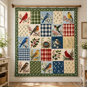 May include: A large square wall quilt featuring a grid of twenty-five panels. The panels display various songbirds including cardinals, blue jays, and hummingbirds, interspersed with blocks of plaid, floral patterns, and a bird nest with eggs.