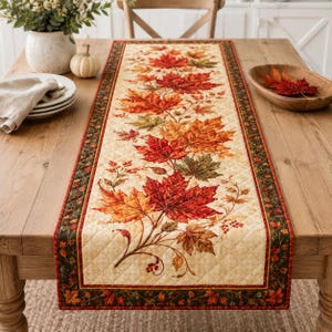 Fall Quilted Cotton Table Runner, Maple Leaf Decor, Autumn Farmhouse Centerpiece, Thanksgiving Hostess Gift