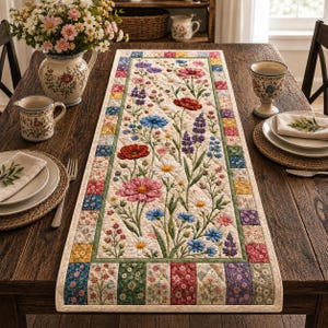 May include: A rectangular quilted table runner featuring a central panel with embroidered wildflowers in shades of red, pink, blue, and white, surrounded by a border of small, multi-colored floral patchwork squares on a cream-colored background.