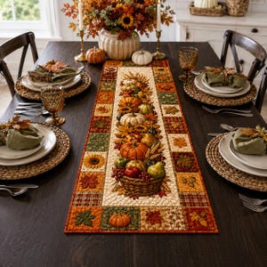 Quiltad höstlöpare för Thanksgiving, pumpa, skörd, höstlappsmönster, lantlig matdekoration, säsongsbetonad mittpunkt