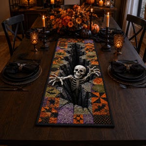 May include: A rectangular table runner featuring a 3D-effect print of a skeleton emerging from a dark, rocky chasm. The border displays a quilted pattern with orange, purple, and black motifs including spiderwebs, stars, and bats on a dark fabric.