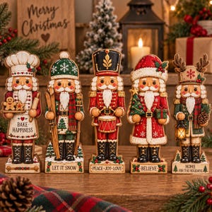 Puede incluir: Un conjunto de cinco figuras decorativas de cascanueces sobre bases rectangulares. Las figuras incluyen un panadero con un rodillo, un esquiador, un tamborilero, un Santa Claus con un árbol y una figura de reno sosteniendo un farol.