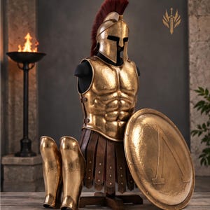 Pode incluir: Um conjunto de armadura em tom dourado de estilo espartano, apresentando uma couraça com músculos abdominais definidos, um elmo coríntio com crista vermelho-escura, um par de grevas e um escudo redondo com uma letra grega Lambda grande.