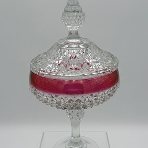 Crystal and Ruby Indiana Glass Diamond Point Candy Dish and Lid 11.5"