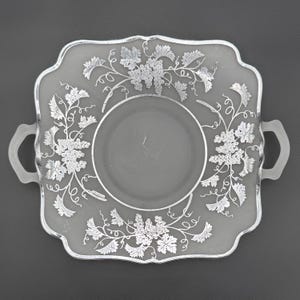 May include: A square frosted glass serving tray with rounded corners and two side handles. The tray features a central circular indentation and a silver-colored metallic overlay depicting detailed grape clusters and vine leaves along the border.