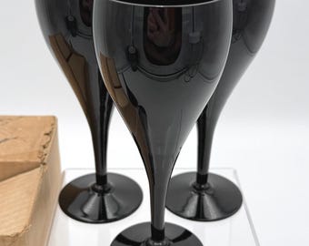 Set of 3 Midnight Mikasa Crystal Elegance Wine Glasses Black Amethyst Org Box 6.75"