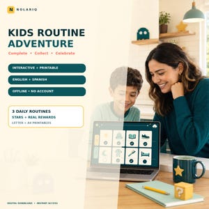 Puede incluir: Una descarga digital titulada Kids Routine Adventure con tablas imprimibles interactivas en inglés y español. La pantalla muestra iconos de rutinas diarias para estrellas y recompensas. Texto: Complete, Collect, Celebrate, Interactive + Printable, English + Spanish, Offline + No Account, 3 Daily Routines, Stars + Real Rewards, Letter + A4 Printables, Digital Download + Instant Access.