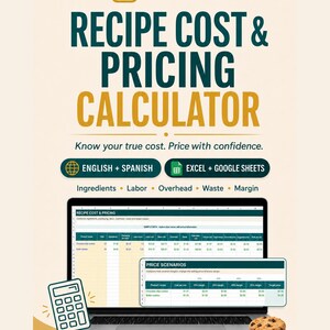 Puede incluir: Una plantilla digital de calculadora de costos y precios de recetas para Excel y Google Sheets de Nolariq. El gráfico muestra el texto Recipe Cost & Pricing Calculator, English + Spanish, e incluye ingredientes, mano de obra, gastos generales, residuos y margen.