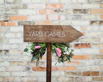 Wedding Yard Games Directional Arrow Sign, Rustic Woodland Wedding Sign, Wood Wedding Arrow, Wedding Wood Sign, Yard Games Sign