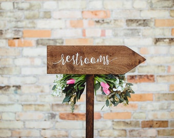 Restrooms Directional Arrow Sign, Rustic Woodland Wedding Sign, Wood Wedding Arrow, Wedding Wood Sign, Restroom Sign Arrow, Bathroom Sign