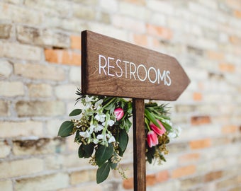 Restrooms Directional Arrow Sign, Rustic Woodland Wedding Sign, Wood Wedding Arrow, Wedding Wood Sign, Restroom Sign Arrow, Bathroom Sign