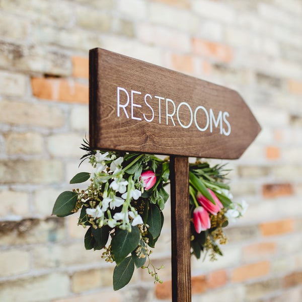 Restrooms Directional Arrow Sign, Rustic Woodland Wedding Sign, Wood Wedding Arrow, Wedding Wood Sign, Restroom Sign Arrow, Bathroom Sign