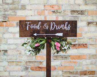 Segno di freccia direzionale per cibo e bevande con paletto, freccia per matrimonio per gli ospiti, segno di freccia per cibo e bevande, segnaletica per matrimonio