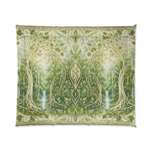 May include: A rectangular duvet cover featuring a symmetrical forest scene in shades of green, cream, and white. The design displays two large trees with intertwined branches, lush foliage, and cascading waterfalls, framed by an ornate botanical border.