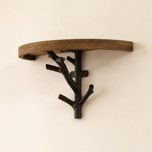Wooden Floating Shelf with Cast Iron Tree Branch Hooks – Wall Mount Organizer