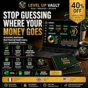 Può includere: Una dashboard finanziaria digitale visualizzata su uno schermo di un portatile, con dati su entrate, uscite e risparmi. L'immagine include un taccuino con il testo PLAN TRACK GROW, una penna, uno smartphone e una tazza con il logo Level Up Vault.