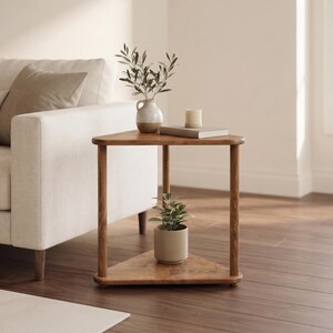 Triangular Solid Wood Side Table, Handmade Corner End Table for Sofa and Reading Chair, Modern Small Space Accent Furniture image 11