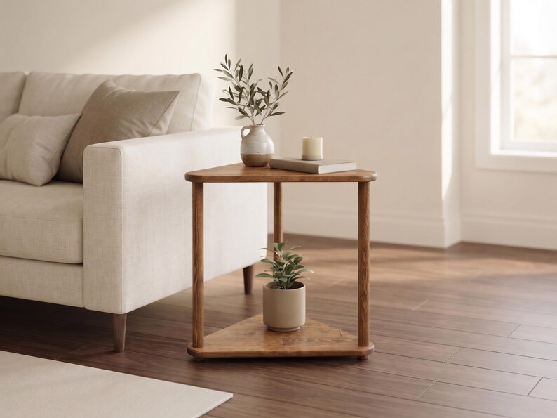 Triangular Solid Wood Side Table, Handmade Corner End Table for Sofa and Reading Chair, Modern Small Space Accent Furniture image 11