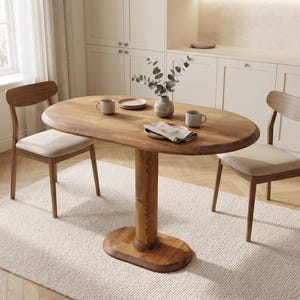 May include: An oval wooden dining table with a central pedestal base and two matching chairs featuring curved wooden backrests and light beige upholstered seats. The table surface holds two ceramic mugs, two small plates, and a vase with greenery.