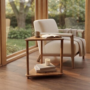 Triangular Solid Wood Side Table, Handmade Corner End Table for Sofa and Reading Chair, Modern Small Space Accent Furniture image 8