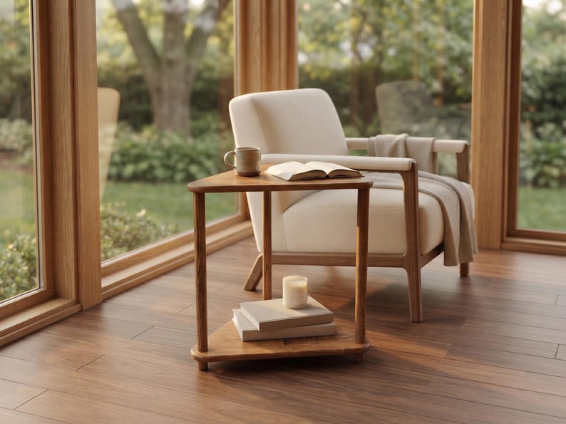 Triangular Solid Wood Side Table, Handmade Corner End Table for Sofa and Reading Chair, Modern Small Space Accent Furniture image 8