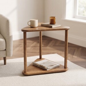 Triangular Solid Wood Side Table, Handmade Corner End Table for Sofa and Reading Chair, Modern Small Space Accent Furniture image 1