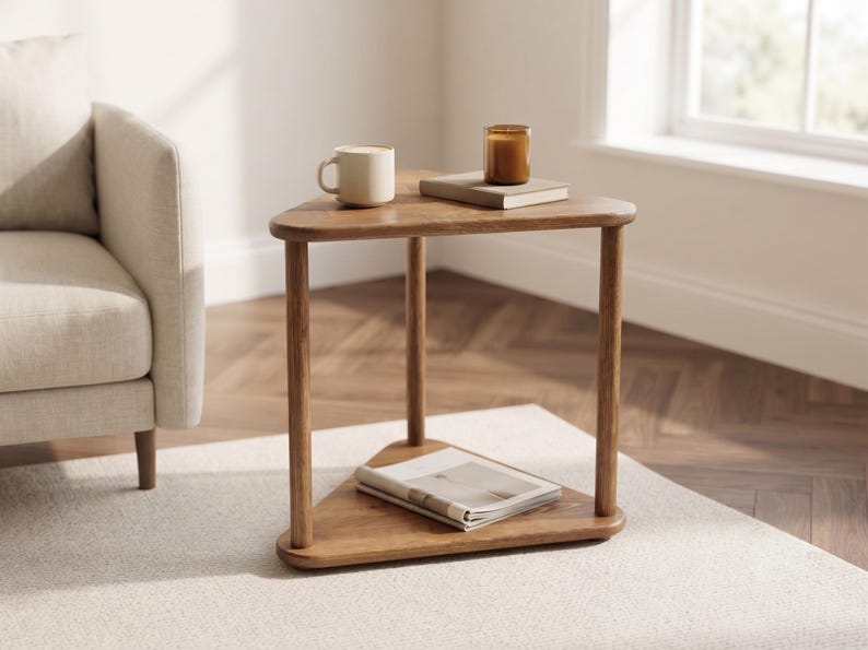 Triangular Solid Wood Side Table, Handmade Corner End Table for Sofa and Reading Chair, Modern Small Space Accent Furniture image 1