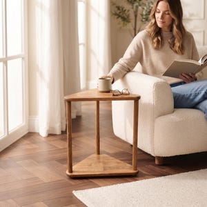 Triangular Solid Wood Side Table, Handmade Corner End Table for Sofa and Reading Chair, Modern Small Space Accent Furniture image 4