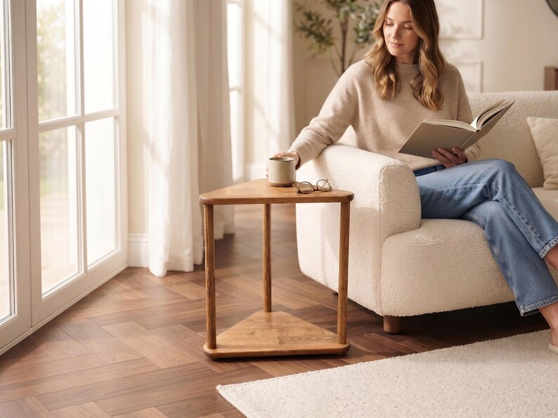 Triangular Solid Wood Side Table, Handmade Corner End Table for Sofa and Reading Chair, Modern Small Space Accent Furniture image 4