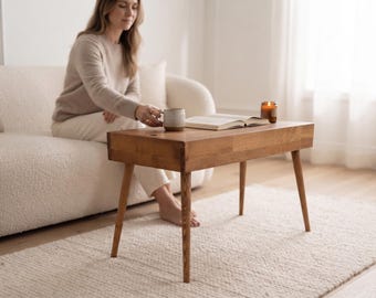 Solid Wood Coffee Table with Two Hidden Compartments, Mid Century Opening Top Center Table with Tapered Legs