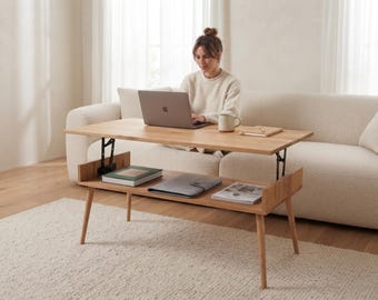 Oak Wood Convertible Lift Top Coffee Table, Solid Wood Sofa Work Desk with Open Storage Shelf, Mid Century Living Room Center Table
