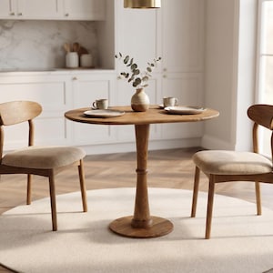 May include: A round wooden pedestal dining table with two matching chairs featuring curved backrests and beige upholstered seats. The table is set with two ceramic plates, two mugs, and a small vase containing eucalyptus branches.