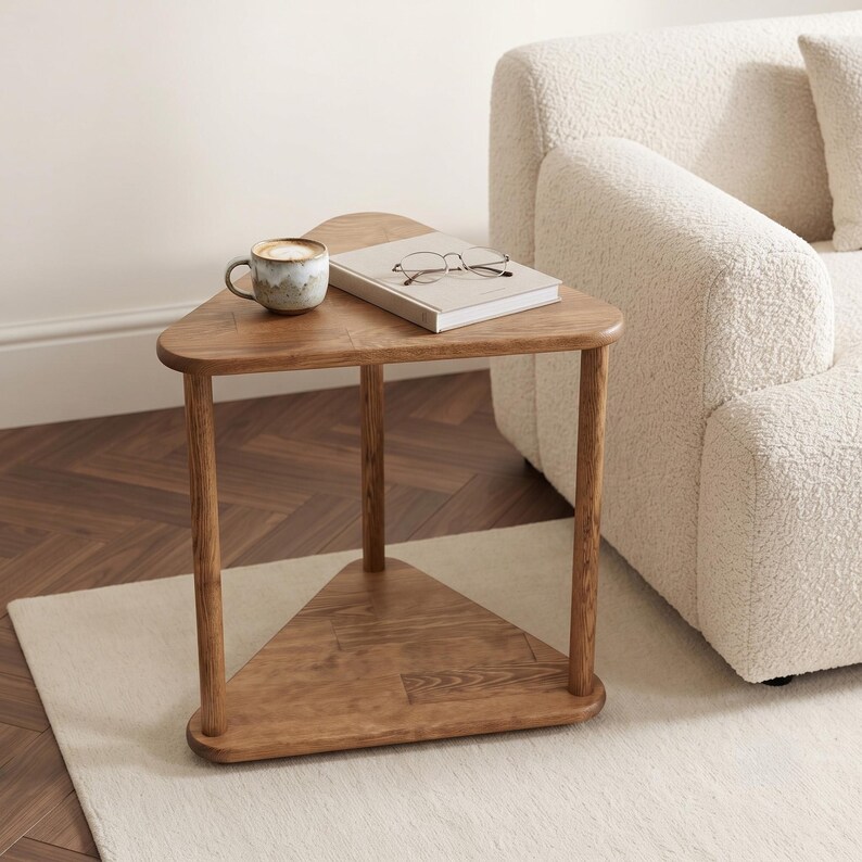 Triangular Solid Wood Side Table, Handmade Corner End Table for Sofa and Reading Chair, Modern Small Space Accent Furniture image 7