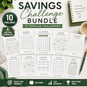 Op de afbeelding: Een digitale spaarchallenge-bundel met tien printbare kaarten met diverse financiële doelen, waaronder een 100-enveloppen-challenge, een 52-weken-challenge en een no-spend-challenge, weergegeven met groene en zwarte tekst op een witte achtergrond.