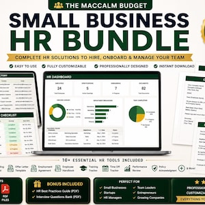 May include: A digital Small Business HR Bundle featuring a laptop displaying an HR dashboard with charts, alongside an employee directory, onboarding checklist, and various document templates like offer letters and employment agreements in green and white.